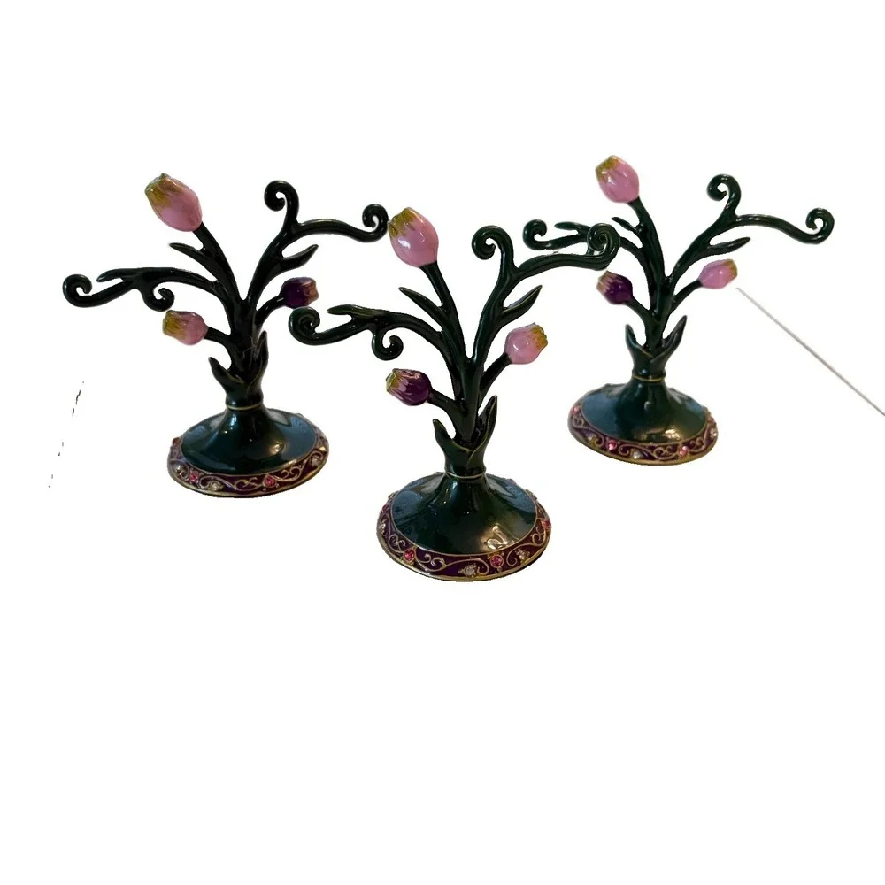 3 Rose Tree Enameled Metal‎ & Rhinestone Jewelry Earring Mini Display Stand Set